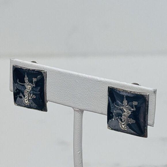 Vintage Siam Silver Earrings Black Enamel Clip On Square Dancer - Picture 2 of 12